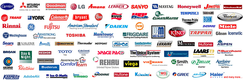 HVAC brand partners including Carrier, Lennox, Trane, Goodman, Rheem, York, Daikin, and more